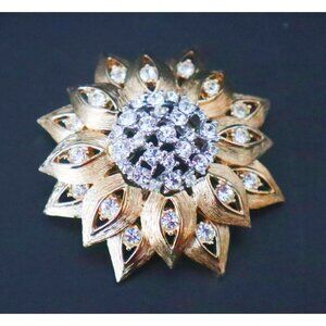 Vintage Mid Century Gold Tone & Rhinestone Brooch Pin Retro